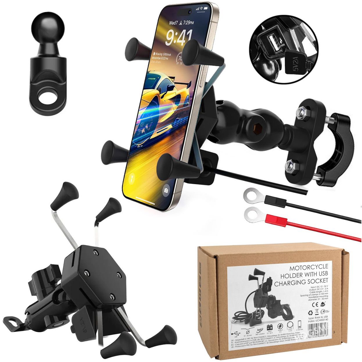 Metalowy Uchwyt Motocyklowy na Telefon | na Kierownicę pod Lusterko | z Ładowarką USB