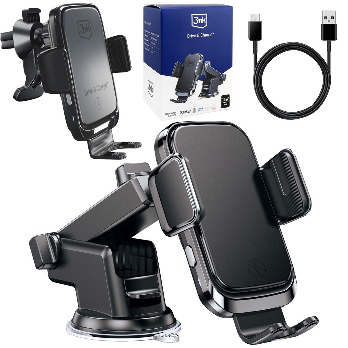 3mk Drive&Charge | Teleskopowy Uchwyt Samochodowy z Ładowaniem 15W | do Deski i Kratki