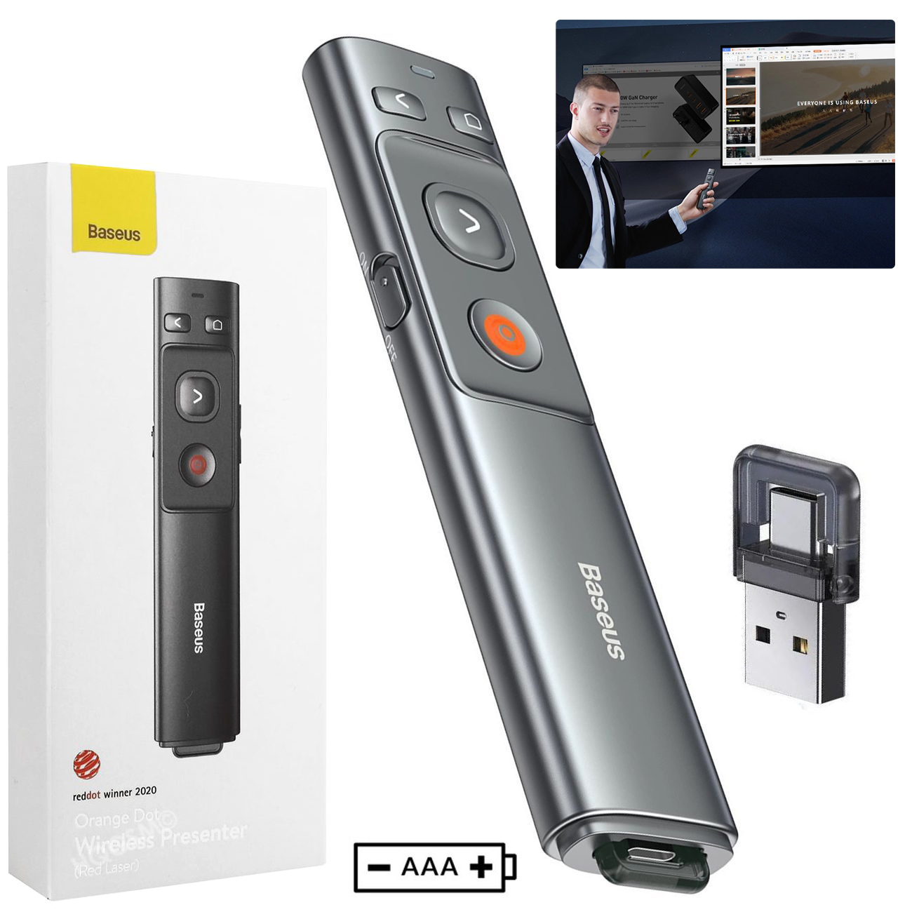 Baseus | Prezenter Bezprzewodowy + Wskaźnik Laser Czerwony do Prezentacji | USB USB-C
