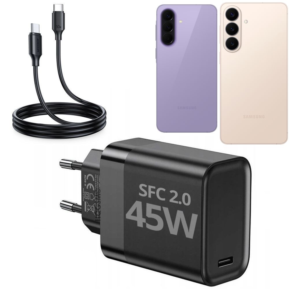 Szybka Ładowarka Sieciowa USB-C PD QC 4.0 SFC2.0 | 45W | Czarna + Kabel USB-C 100cm