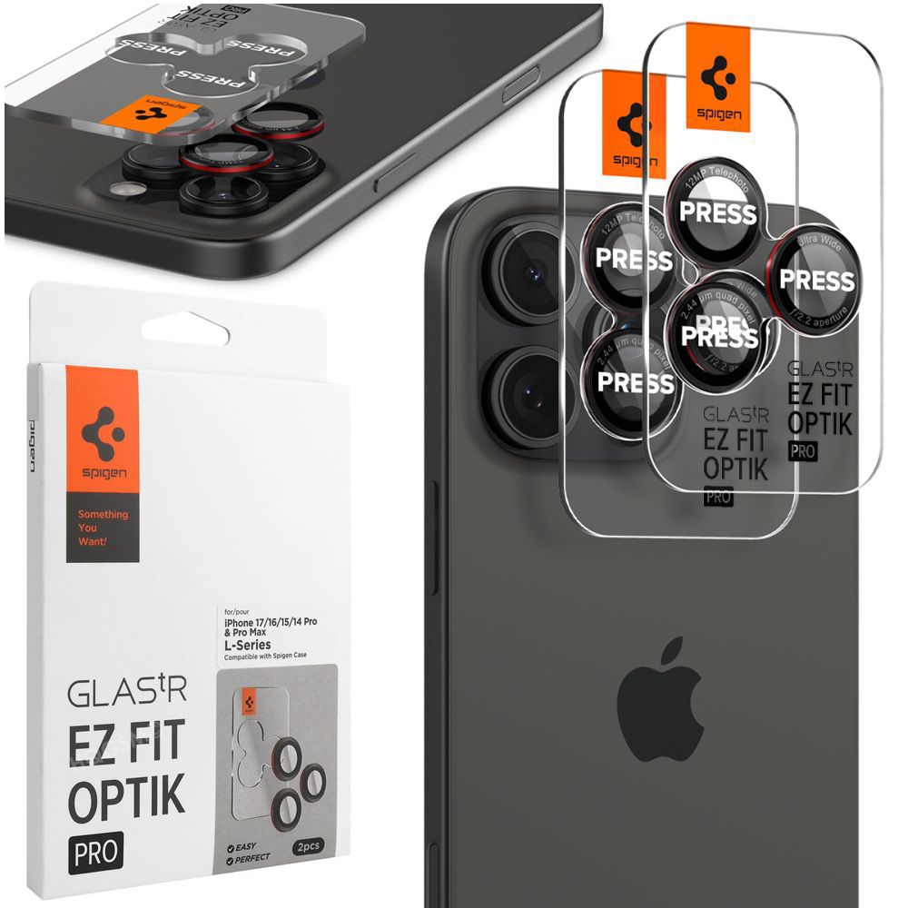 2x SPIGEN EZ Fit OPTIK Pro | Osobne Szkła Hartowane na Aparat | Black&#038;Red do Apple iPhone 17/16 Pro / Pro Max