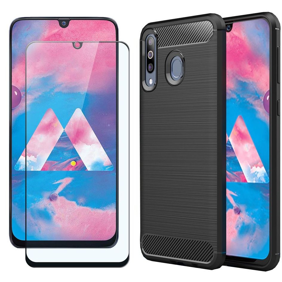 Samsung Galaxy M30 | Etui CARBON Soft Case | Coal Black + SZKŁO 5D