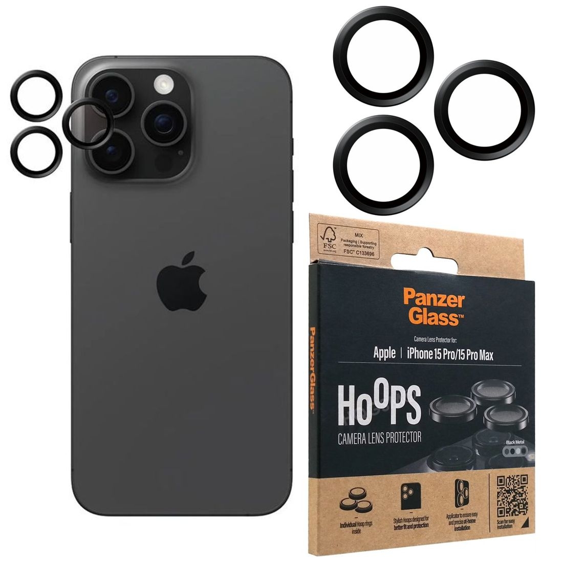 PanzerGlass HOOPS | Osobne Szkło Hartowane na Aparat + Aplikator | Black Metal do Apple iPhone 15 Pro / Pro Max