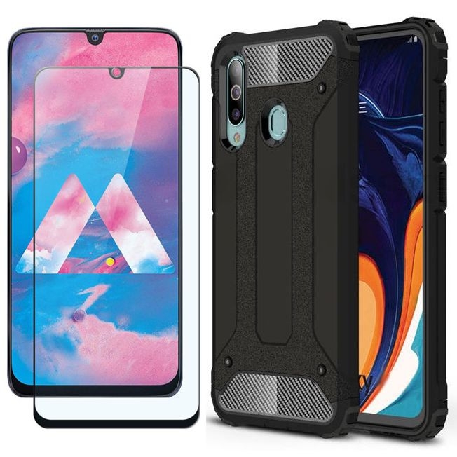 Samsung Galaxy M30 | Pancerne Etui ARMOR Case | Czarne + SZKŁO 5D