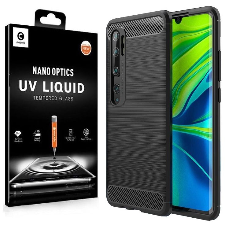Xiaomi Mi Note 10 / Pro | Etui CARBON Soft Case | Coal Black + SZKŁO Mocolo UV