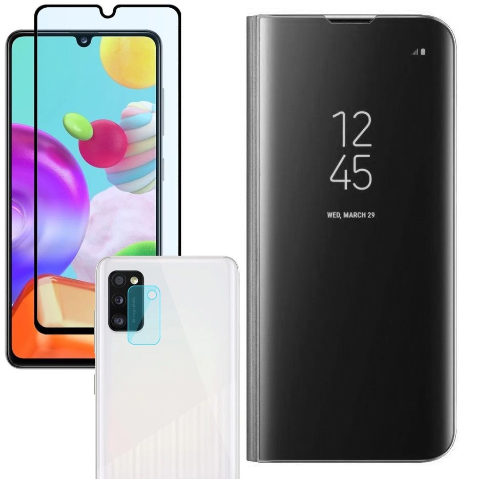 Inteligentne Etui Clear View Standing Cover | Czarne + SZKŁO 5D + Aparat do Samsung Galaxy A41