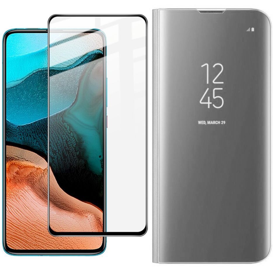 Inteligentne Etui Clear View Standing Cover | Silver + SZKŁO 5D do Xiaomi Poco F2 Pro
