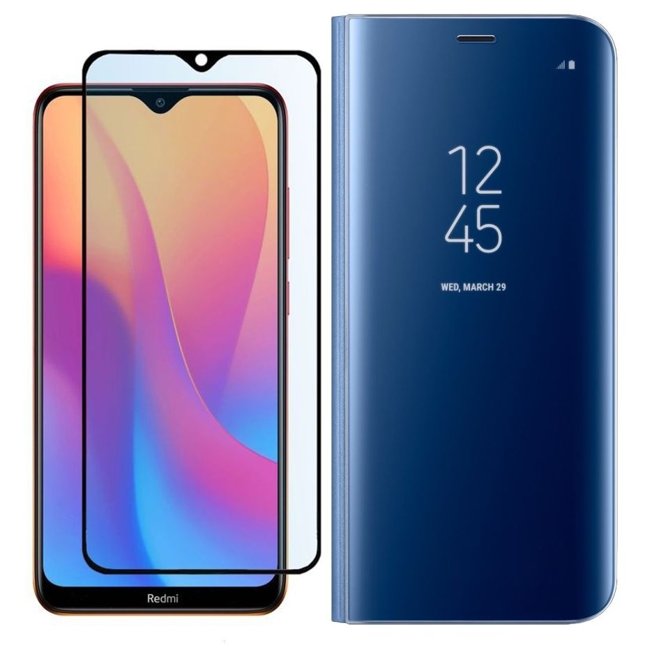 Xiaomi Redmi 8A | Inteligentne Etui Clear View Standing Cover | Niebieskie + SZKŁO 5D