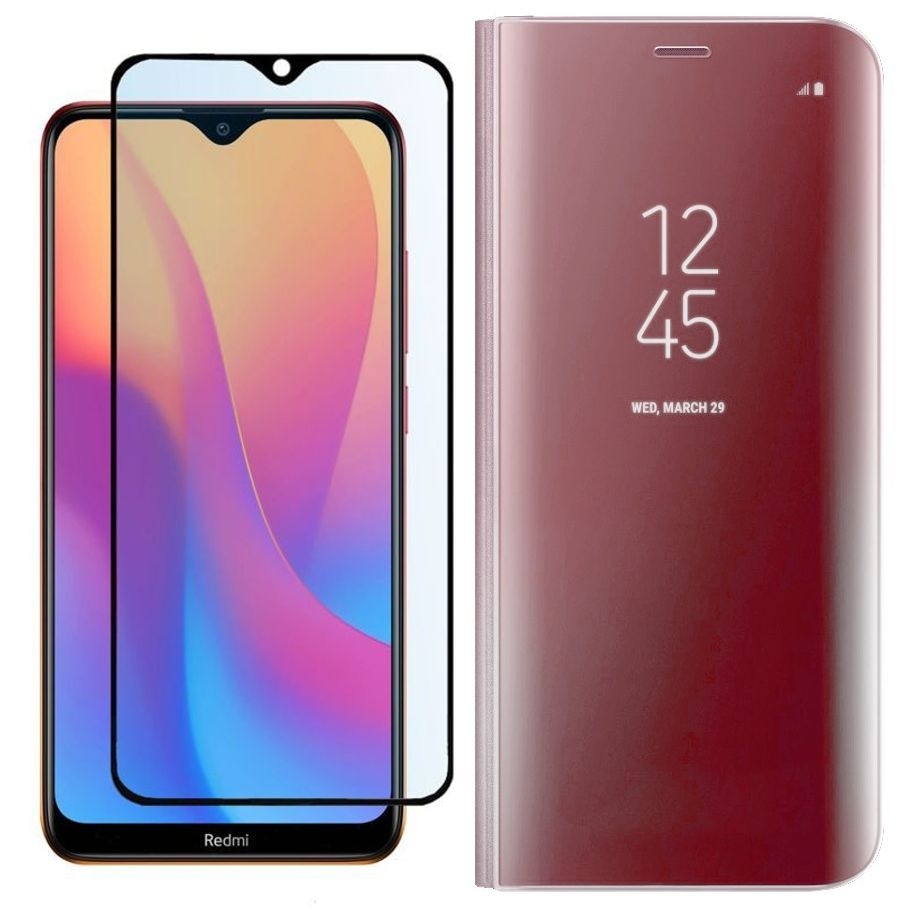 Xiaomi Redmi 8A | Inteligentne Etui Clear View Standing Cover | Różowe + SZKŁO 5D