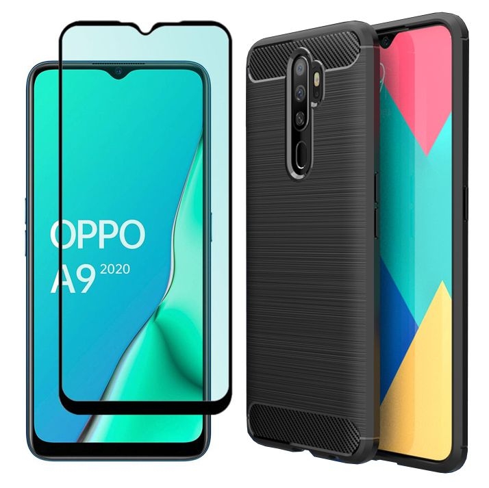 do Oppo A9 2020 | Etui CARBON Soft Case | Coal Black + SZKŁO 5D