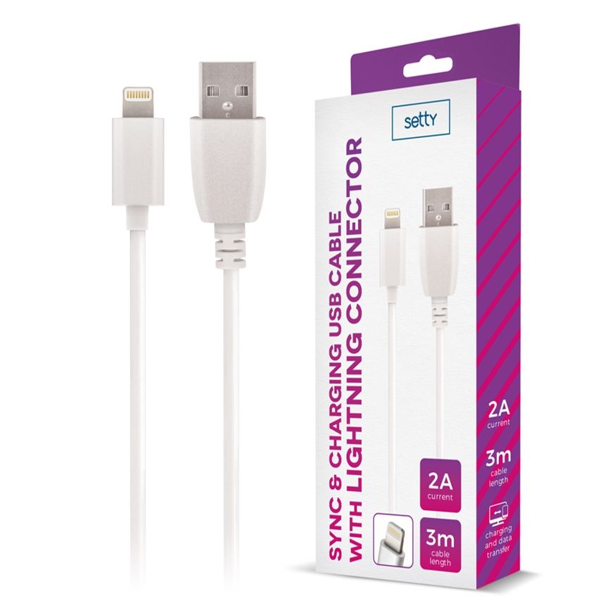 Setty | Kabel USB Apple Lightning 2A | 300cm 3m | Biały
