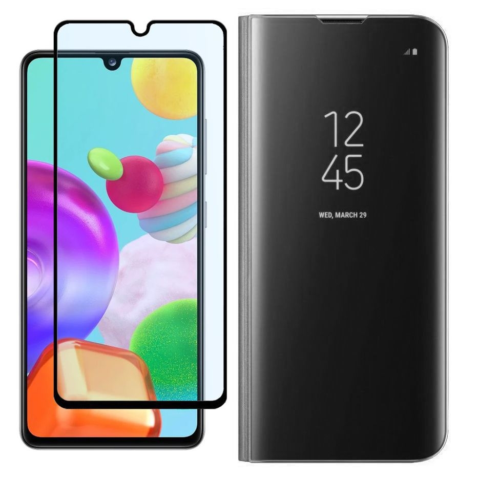 Inteligentne Etui Clear View Standing Cover | Czarne + SZKŁO 5D do Samsung Galaxy A41