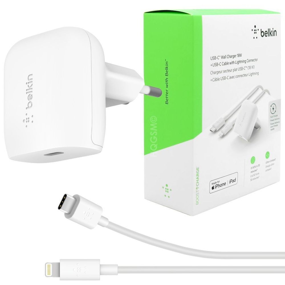 Belkin USB-C Wall Charger | Ładowarka Sieciowa Power Delivery 18W | MFI | Biała + Kabel USB-C Lightning