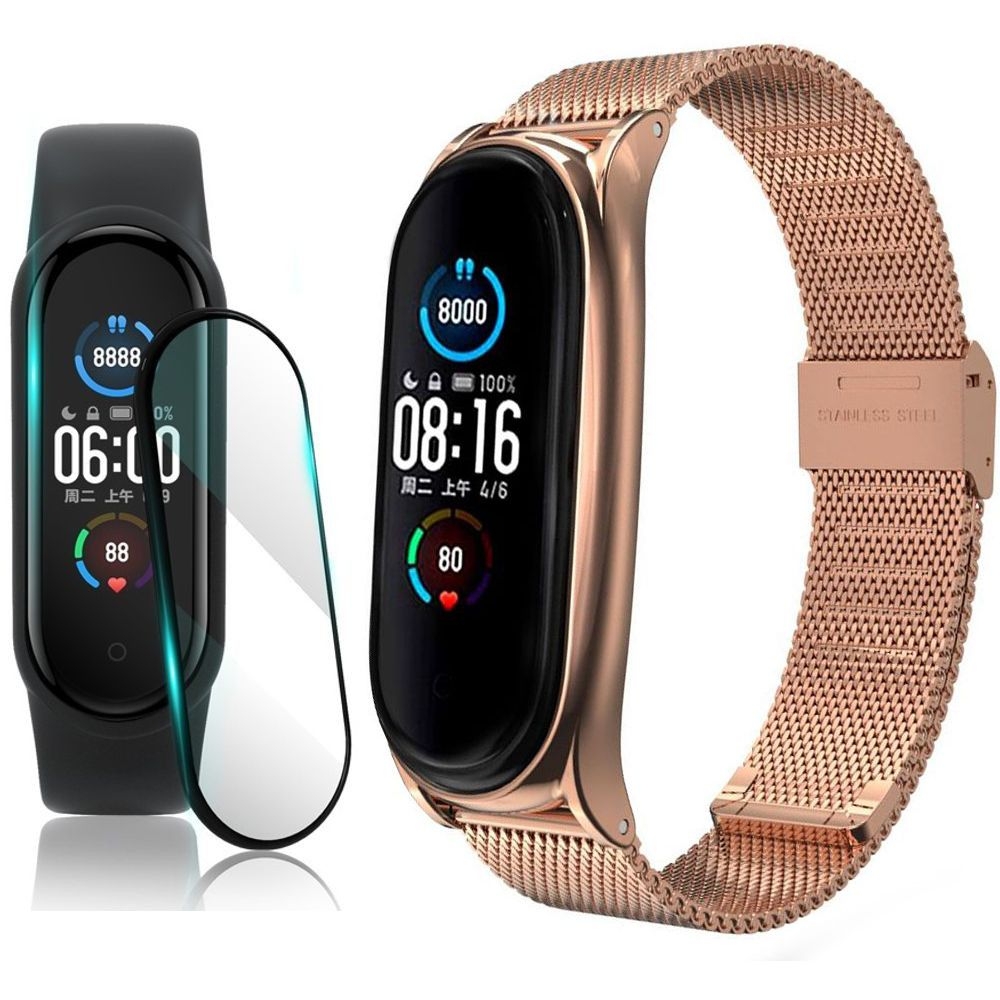 Pasek Siatka Milanese Mesh Band | Rose Gold + SZKŁO do Xiaomi Mi Band 5
