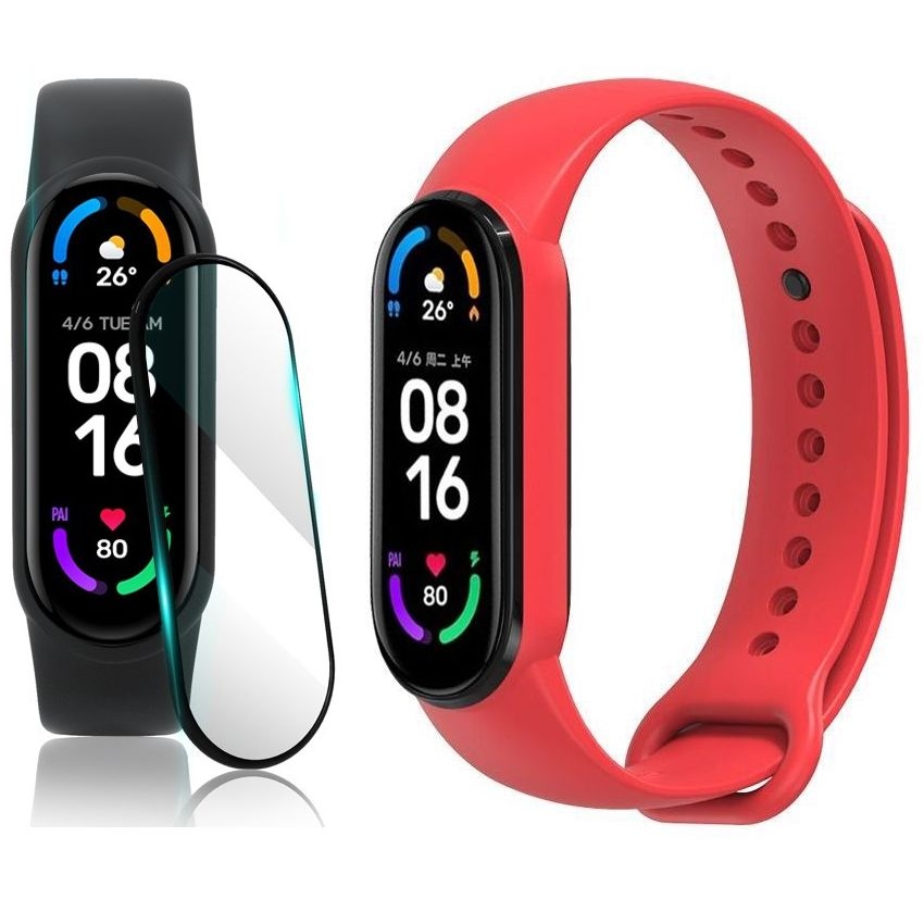 Sportowy Pasek Silikonowy | Czerwony + SZKŁO do Xiaomi Mi Band 6