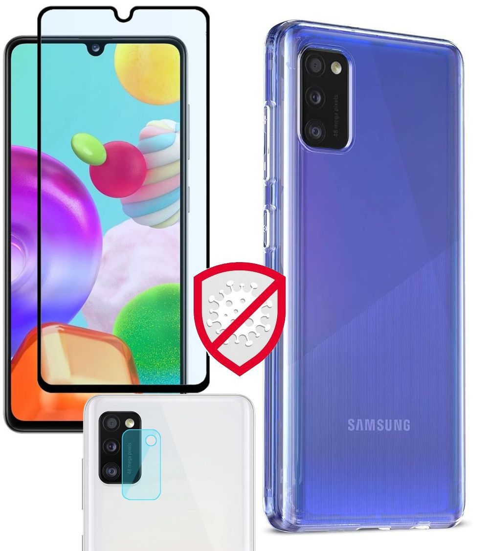 Cienkie Antybakteryjne Etui z Jonami Srebra | Crystal Clear + SZKŁO 5D + Aparat do Samsung Galaxy A41