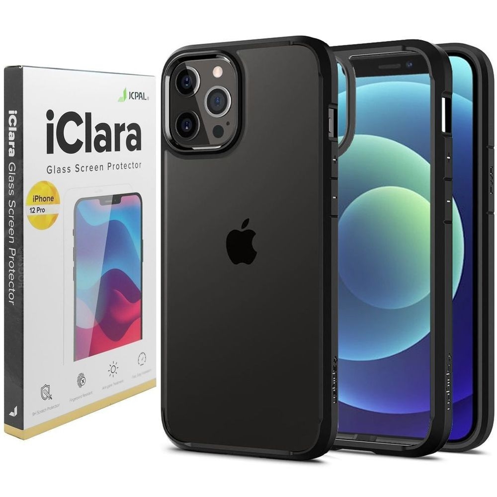 Etui SPIGEN Ultra Hybrid | Matte Black + SZKŁO JCPAL iClara do Apple iPhone 12/12 Pro