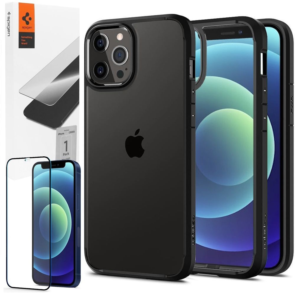 Etui SPIGEN Ultra Hybrid | Matte Black + SZKŁO GLAS.tR FC do Apple iPhone 12/12 Pro