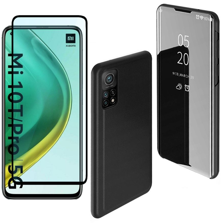 Inteligentne Etui Clear View Standing Cover | Black + SZKŁO 5D do Xiaomi Mi 10T 5G / Pro