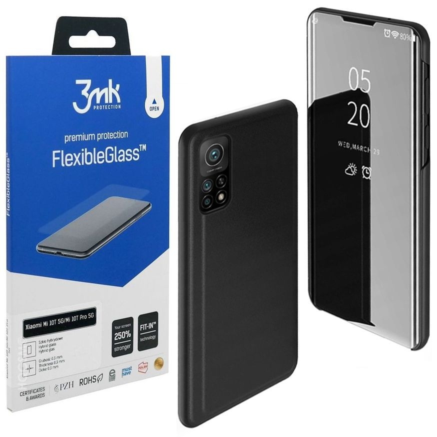 Inteligentne Etui Clear View Standing Cover | Black + SZKŁO 3mk Flexible Glass do Xiaomi Mi 10T 5G / Pro