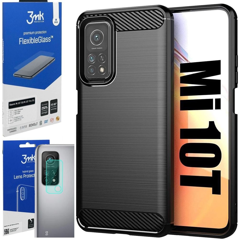 Etui CARBON Soft Case | Coal Black + SZKŁO 3mk Flexible Glass + Aparat do Xiaomi Mi 10T 5G / Pro