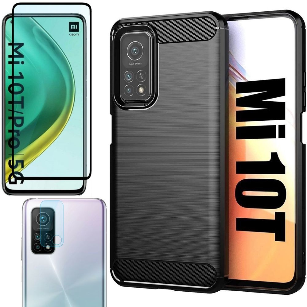 Etui CARBON Soft Case | Coal Black + SZKŁO 5D + Aparat do Xiaomi Mi 10T 5G / Pro
