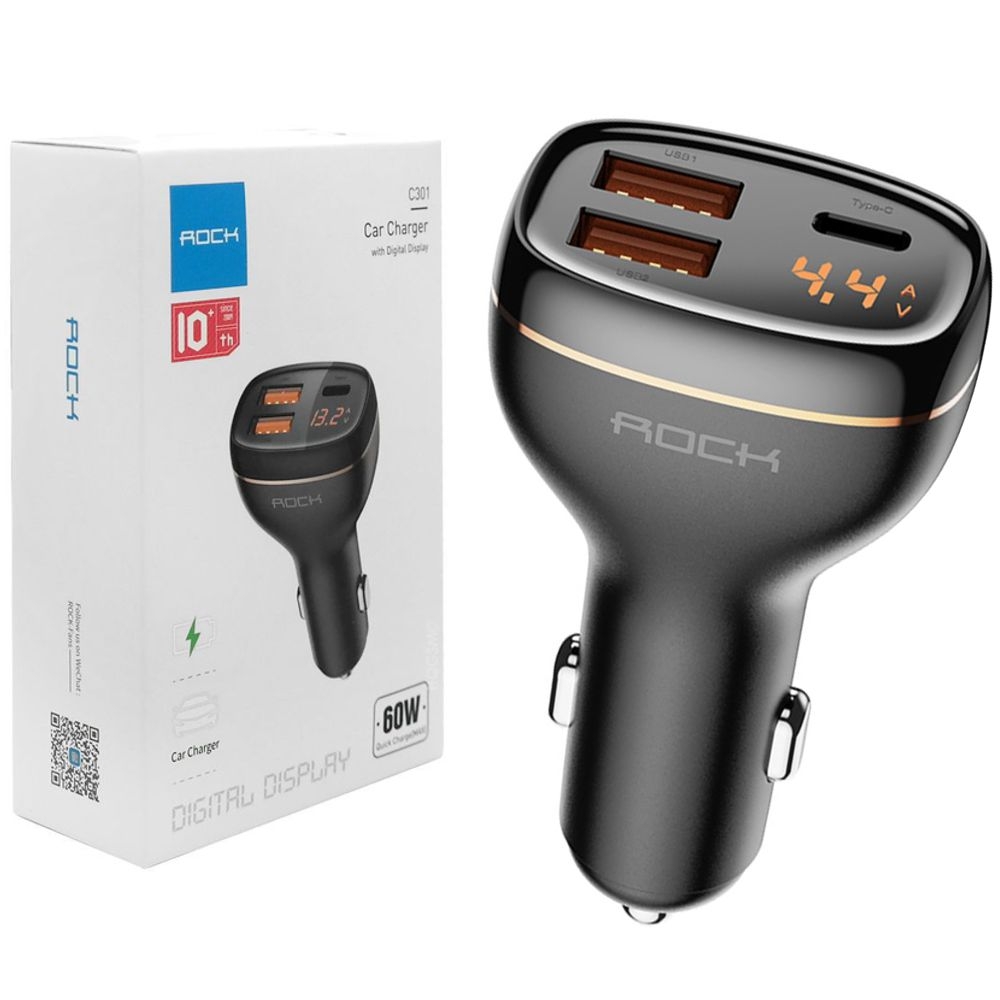 Rock | Ładowarka Samochodowa z Wyświetlaczem USB-C 2xUSB 60W QC 4.0 PD