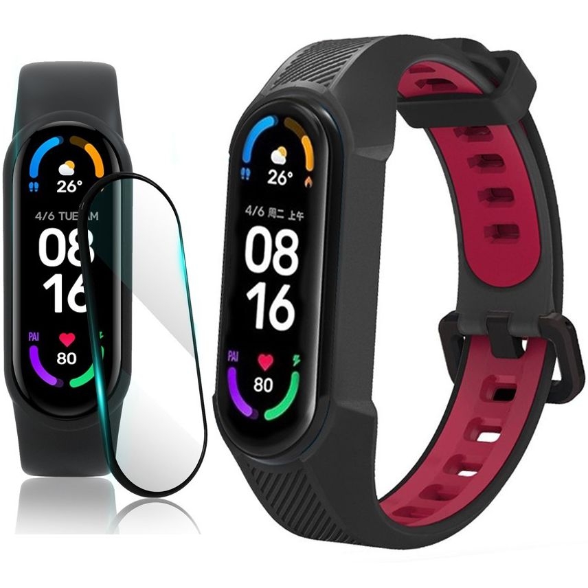 Pasek Silikonowy ARMOR | Black&#038;Red + SZKŁO do Xiaomi Mi Band 6