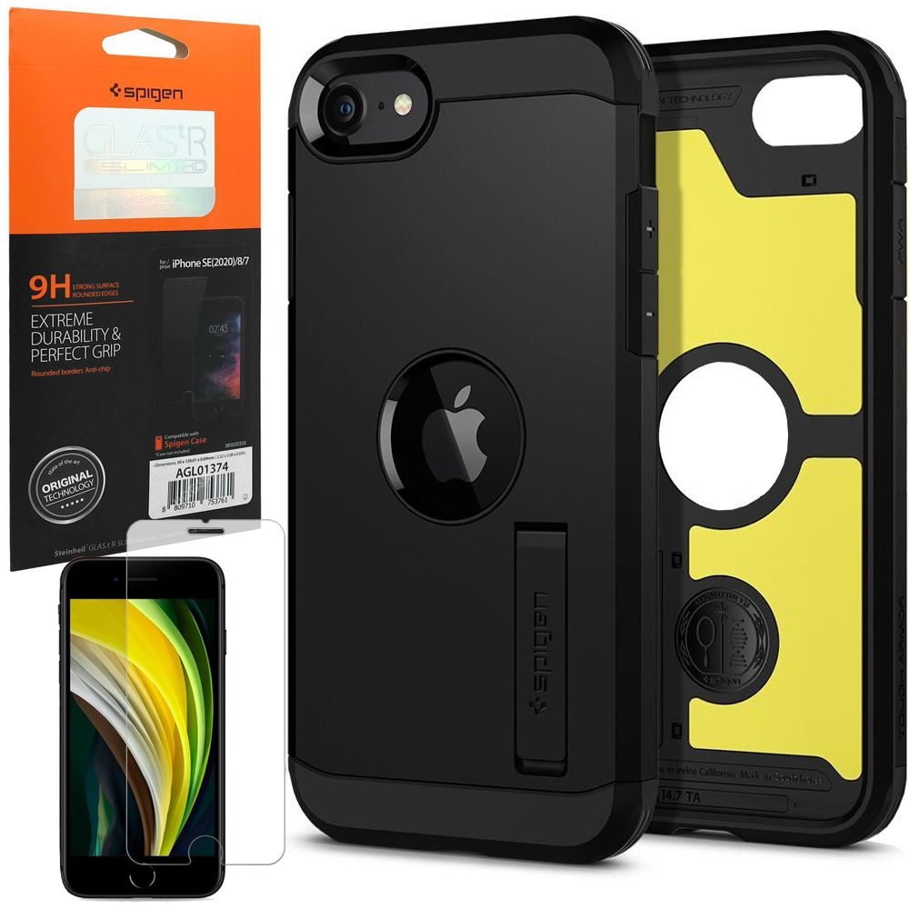 Pancerne Etui SPIGEN Tough Armor | Black + SZKŁO Glas.tR do Apple iPhone SE 2022 / 2020