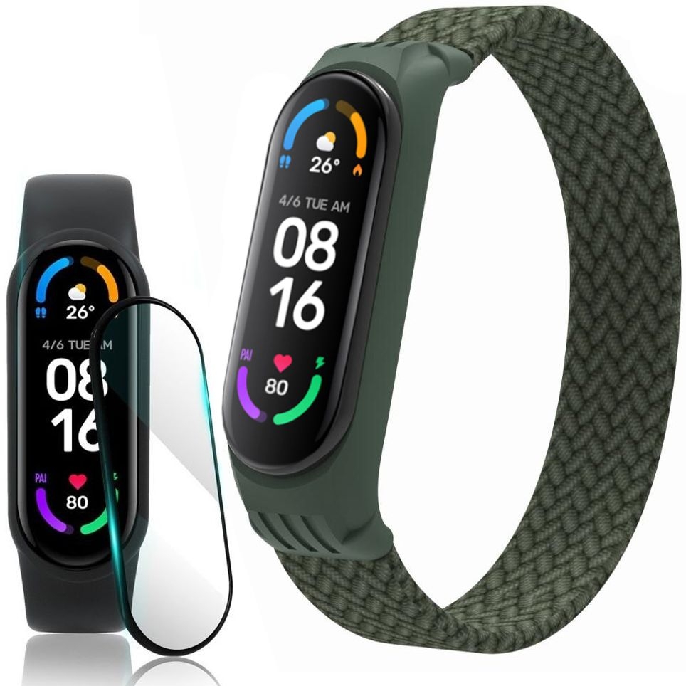 Sportowa Pleciona Opaska Gumka | Pasek SOLO | Green + SZKŁO do Xiaomi Mi Band 6