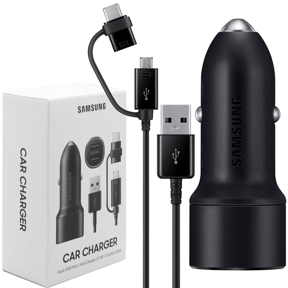 SAMSUNG Dual USB Port / Fast Charge 15W / Combo Cable | Oryginalna Ładowarka Samochodowa 2xUSB USB-C microUSB | Czarna