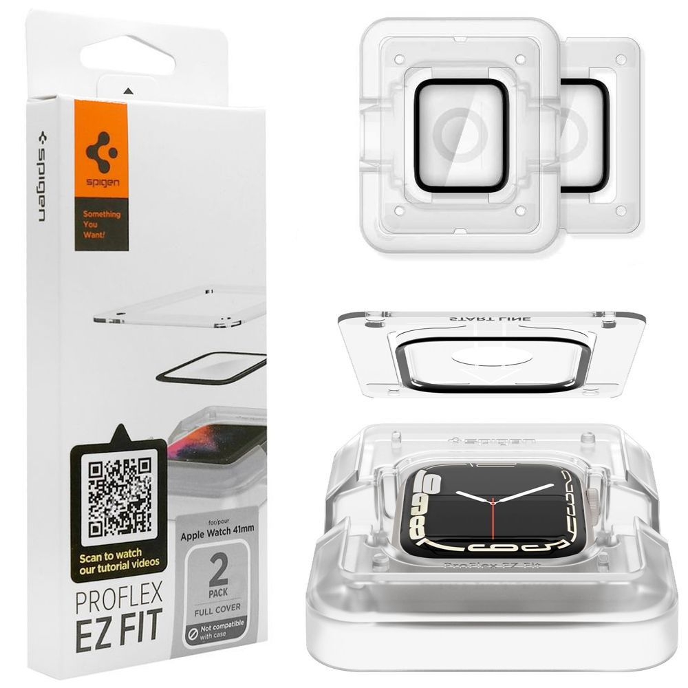 2x Szkło Hybrydowe SPIGEN ProFlex EZ FIT + Ramka Montażowa do Apple Watch 9/8/7 41mm
