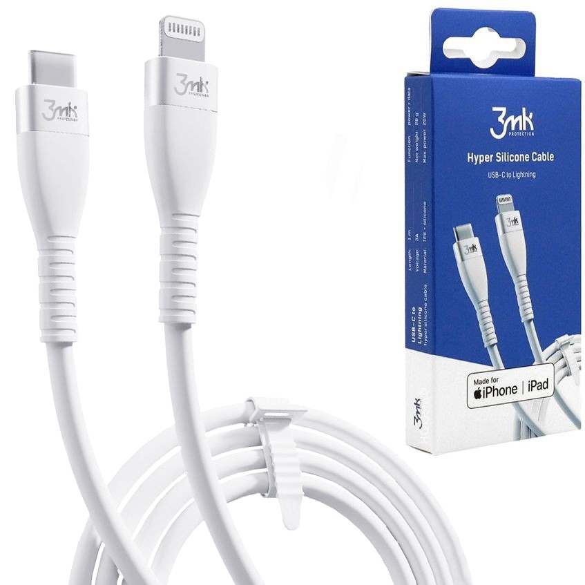 3mk Hyper Silicone | Szybki Kabel USB-C Apple Lightning 100cm | MFI 20W 3A | Biały