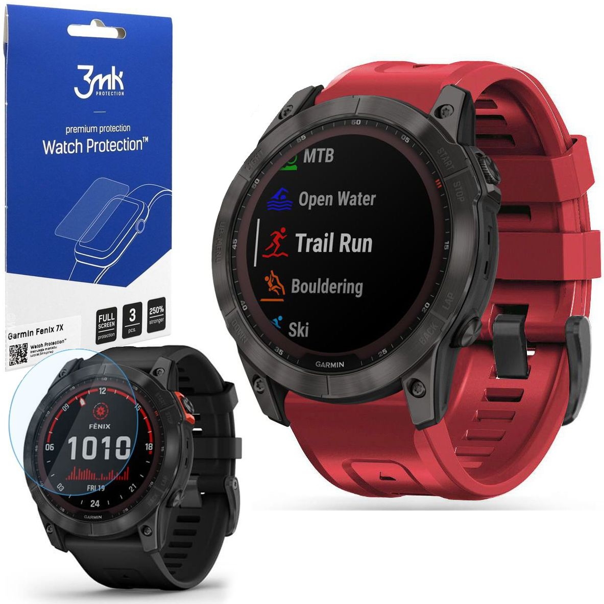 Pasek Silikonowy SPORT | 26mm | Red + 3x FOLIA 3mk do Garmin Fenix 7X