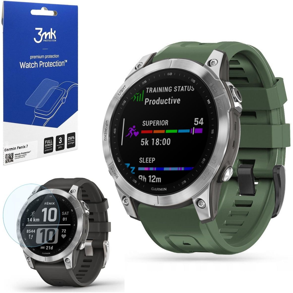Pasek Silikonowy SPORT | 22mm | Green + 3x FOLIA 3mk do Garmin Fenix 7