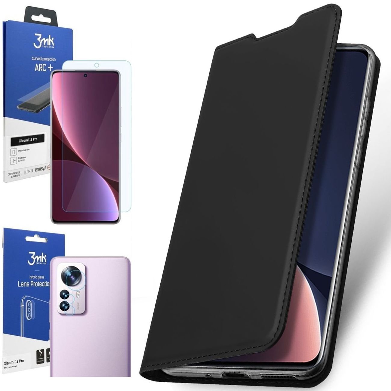 Etui z Klapką | DUX DUCIS | Skin Pro | Black + FOLIA 3mk ARC+ APARAT do Xiaomi 12 Pro