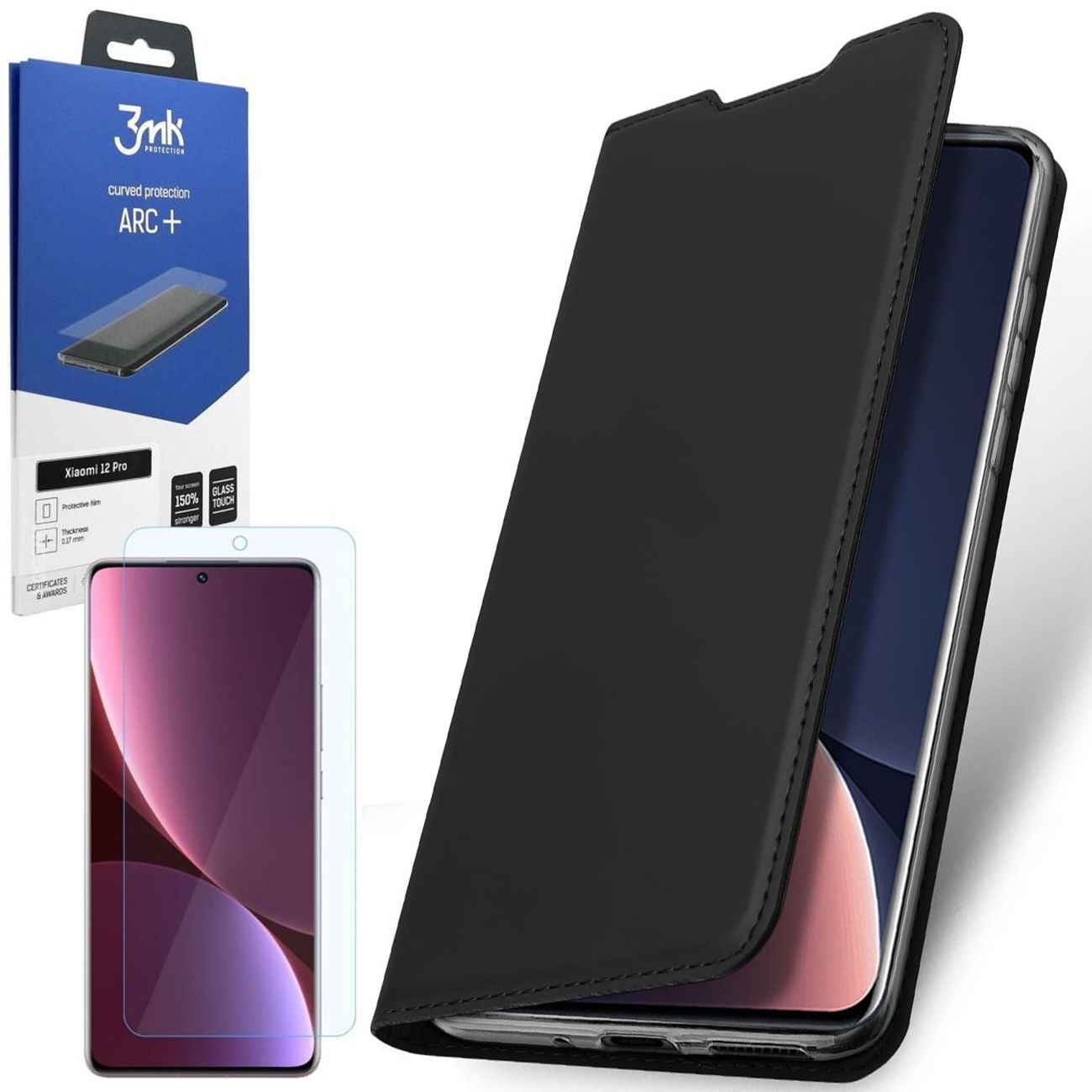 Etui z Klapką | DUX DUCIS | Skin Pro | Black + FOLIA 3mk ARC+ do Xiaomi 12 Pro