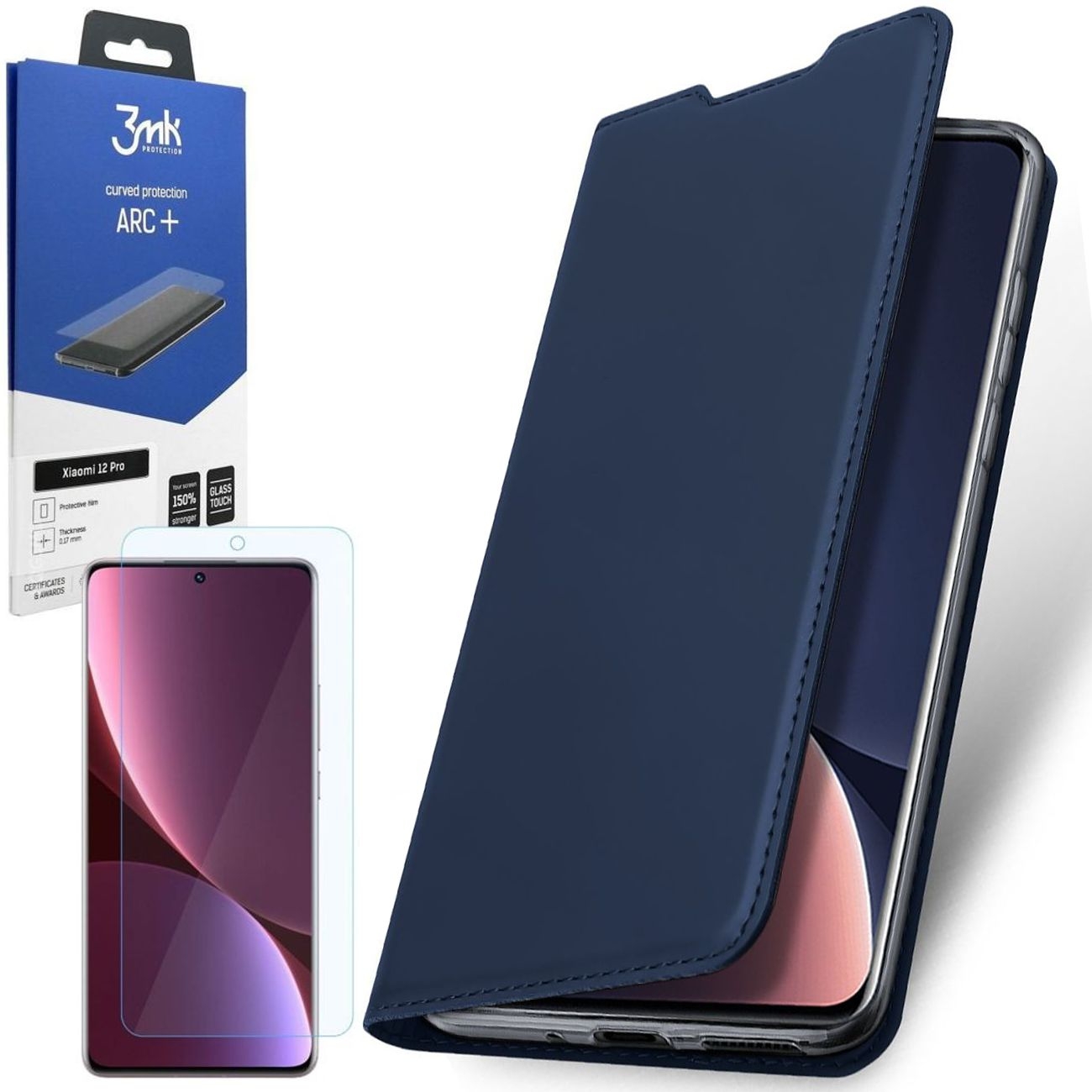 Etui z Klapką | DUX DUCIS | Skin Pro | Navy + FOLIA 3mk ARC+ do Xiaomi 12 Pro