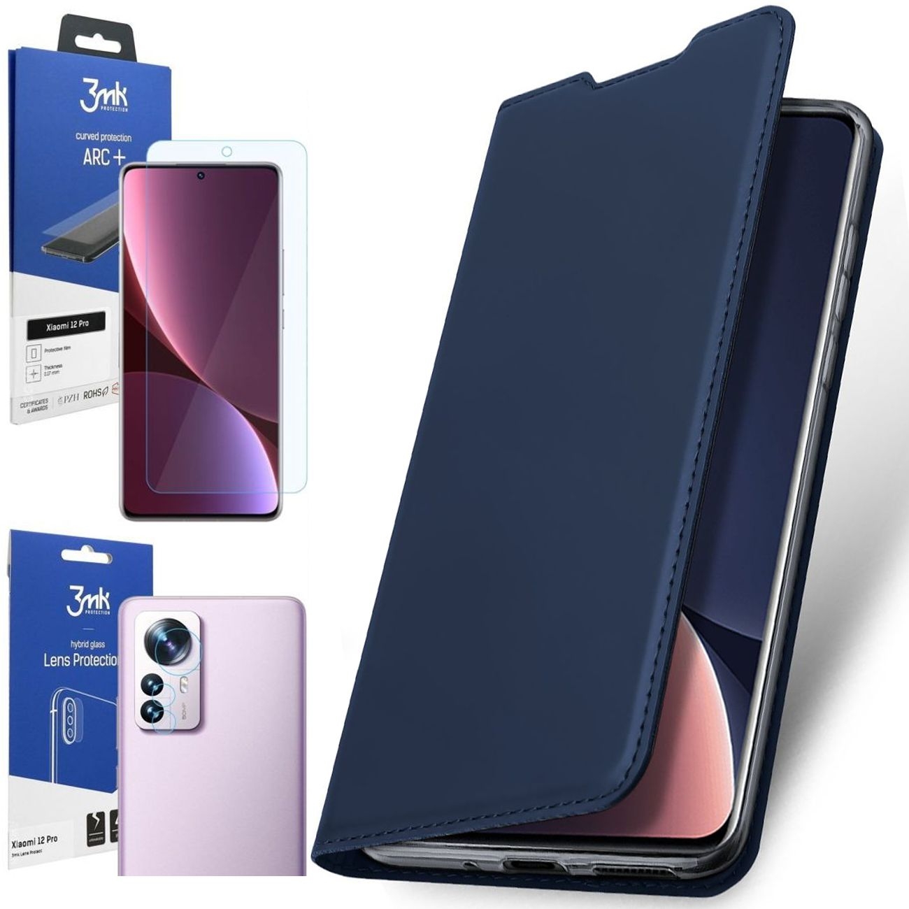Etui z Klapką | DUX DUCIS | Skin Pro | Navy + FOLIA 3mk ARC+ APARAT do Xiaomi 12 Pro