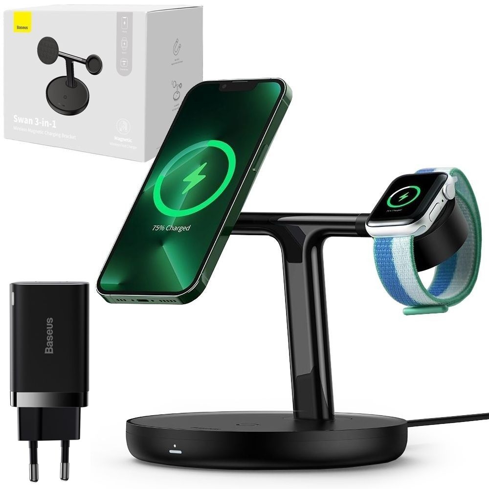 Baseus 3-in-1 Wireless Charger | Bezprzewodowa Ładowarka Indukcyjna Qi Stojak 3w1 z MagSafe | 15W | Czarna + Zasilacz 30W