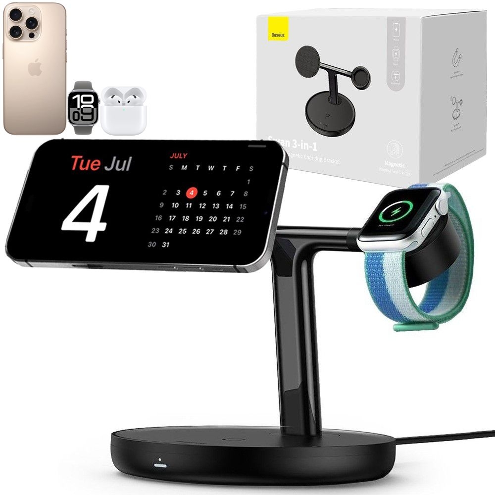 Baseus 3-in-1 Wireless Charger | Bezprzewodowa Ładowarka Indukcyjna Qi Stojak 3w1 z MagSafe | 15W | Czarna