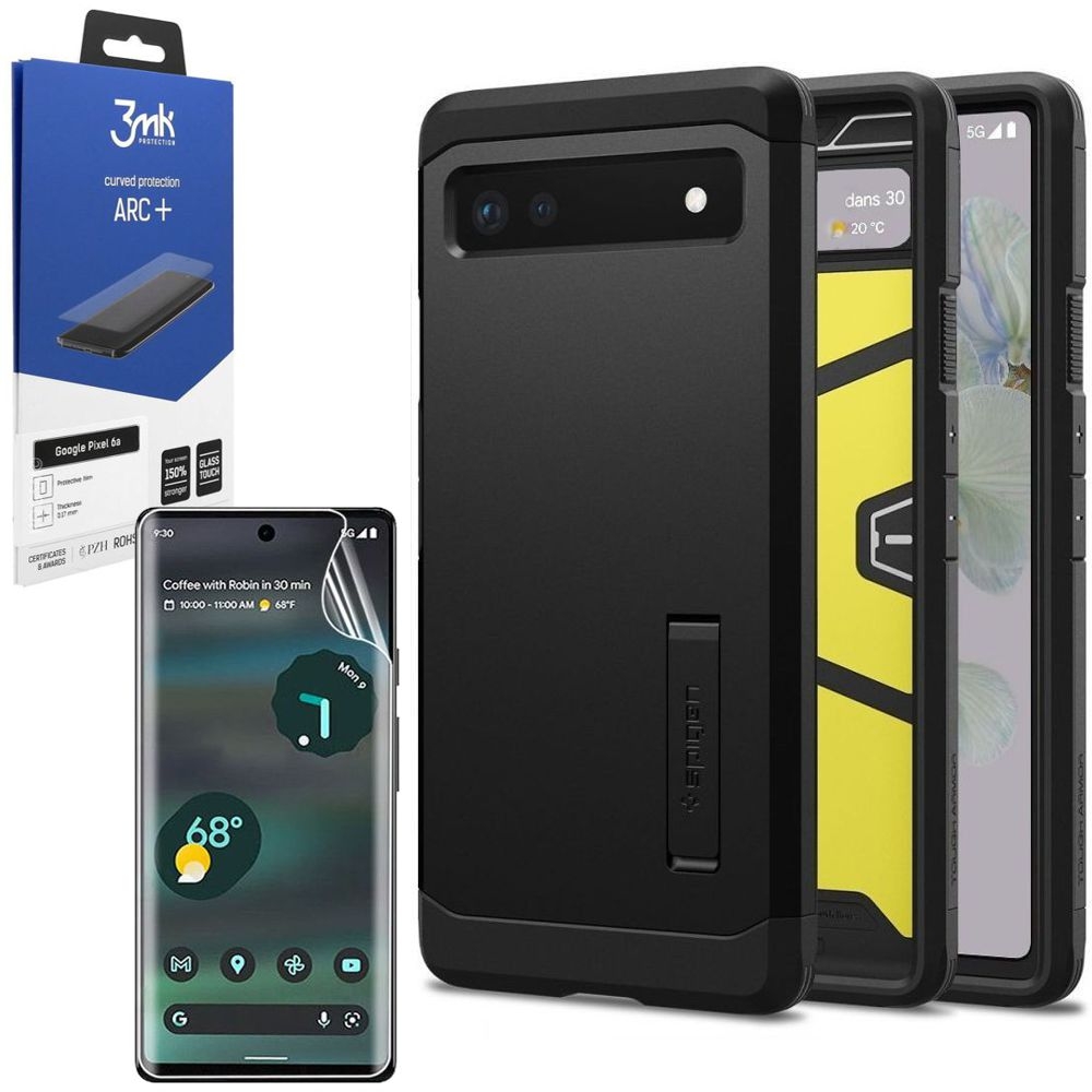 Pancerne Etui SPIGEN Tough Armor | Black + FOLIA 3mk ARC+ do Google Pixel 6a