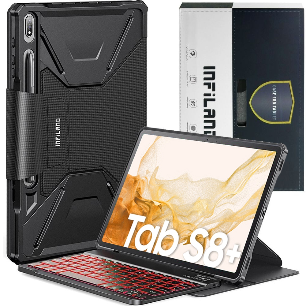 Infiland Keyboard Stand | Zamykane Etui z Klawiaturą Bluetooth RGB | Czarne do Samsung Galaxy Tab S7+ Plus / S8+ Plus 12.4 T970 / T976B / X800 / X806