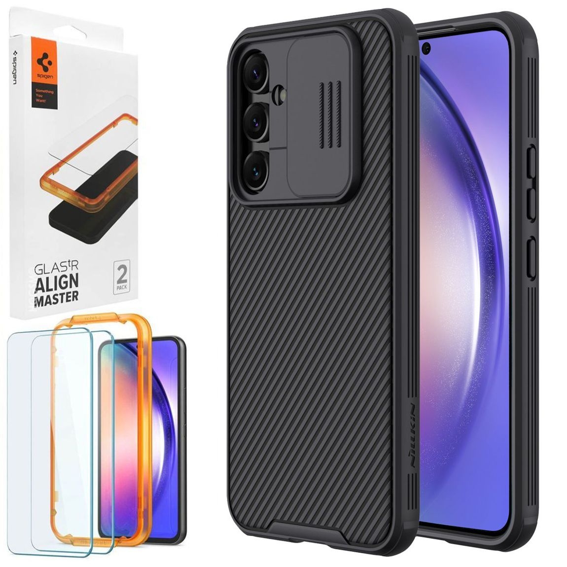 Etui NILLKIN CamShield | Czarne + 2x SZKŁO Spigen do Samsung Galaxy A54 5G