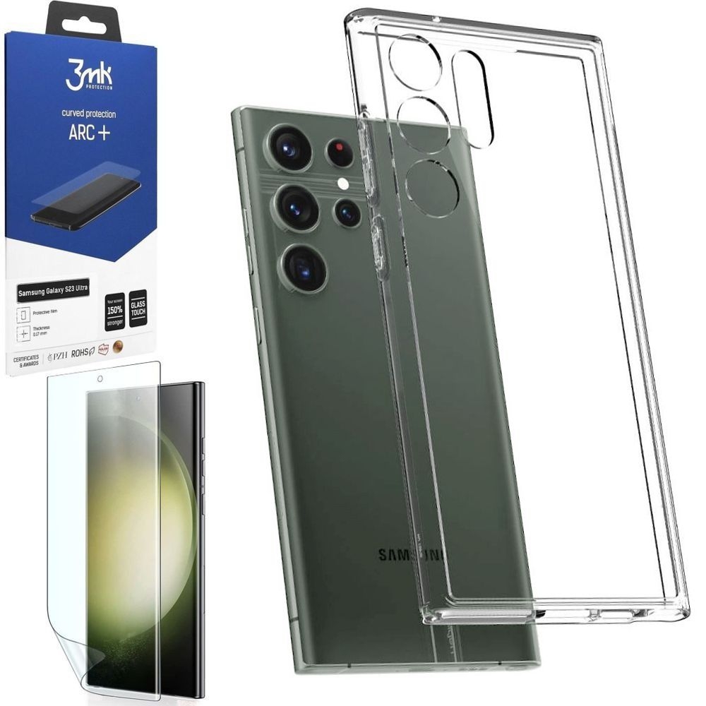 Etui SPIGEN Ultra Hybrid | Crystal Clear + FOLIA 3mk ARC+ do Samsung Galaxy S23 Ultra