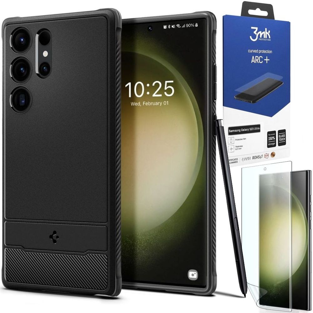 Etui SPIGEN Rugged Armor | Black + FOLIA 3mk ARC+ do Samsung Galaxy S23 Ultra