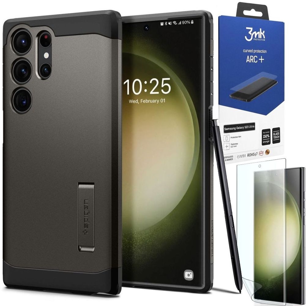 Pancerne Etui SPIGEN Tough Armor | Gunmetal + FOLIA 3mk ARC+ do Samsung Galaxy S23 Ultra