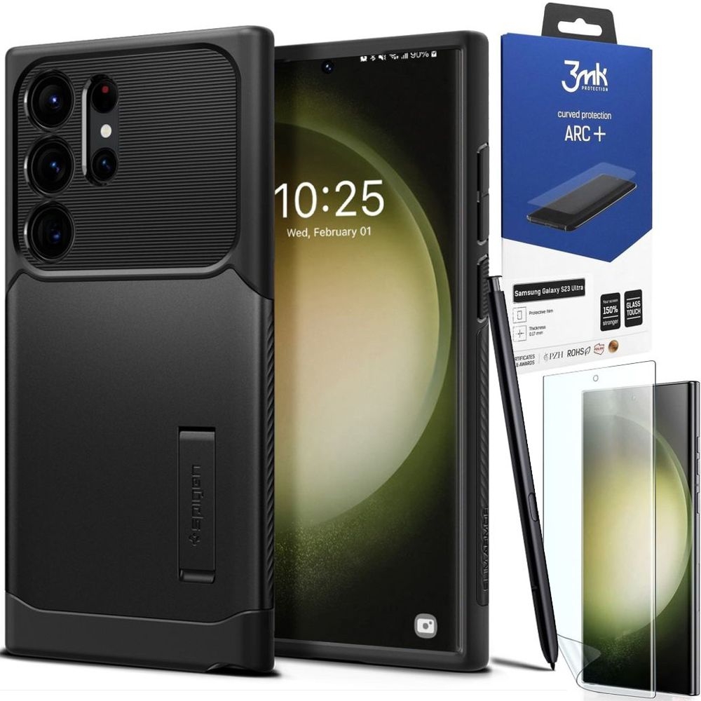 Pancerne Etui SPIGEN Slim Armor | Black + FOLIA 3mk ARC+ do Samsung Galaxy S23 Ultra