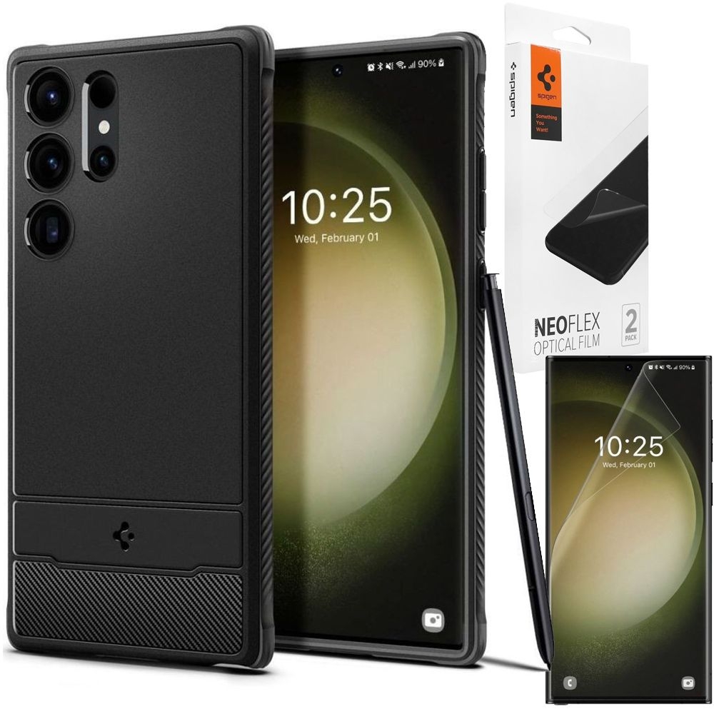 Etui SPIGEN Rugged Armor | Black + 2x FOLIA Spigen do Samsung Galaxy S23 Ultra