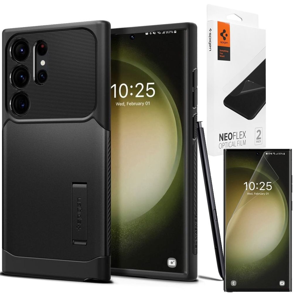 Pancerne Etui SPIGEN Slim Armor | Black + 2x FOLIA Spigen do Samsung Galaxy S23 Ultra